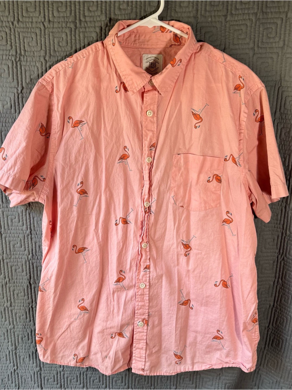 True Craft Mens XL Pink Flamingo Short Sleeve Button Up Casual Dress Shirt